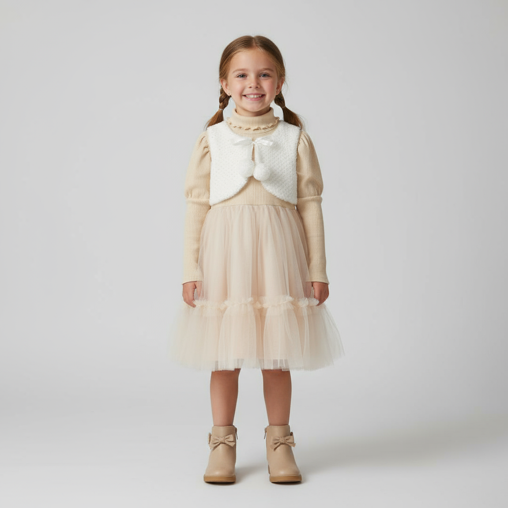 Cream Knit Tulle Dress with Faux Fur Vest – Elegant Winter Outfit for Girls