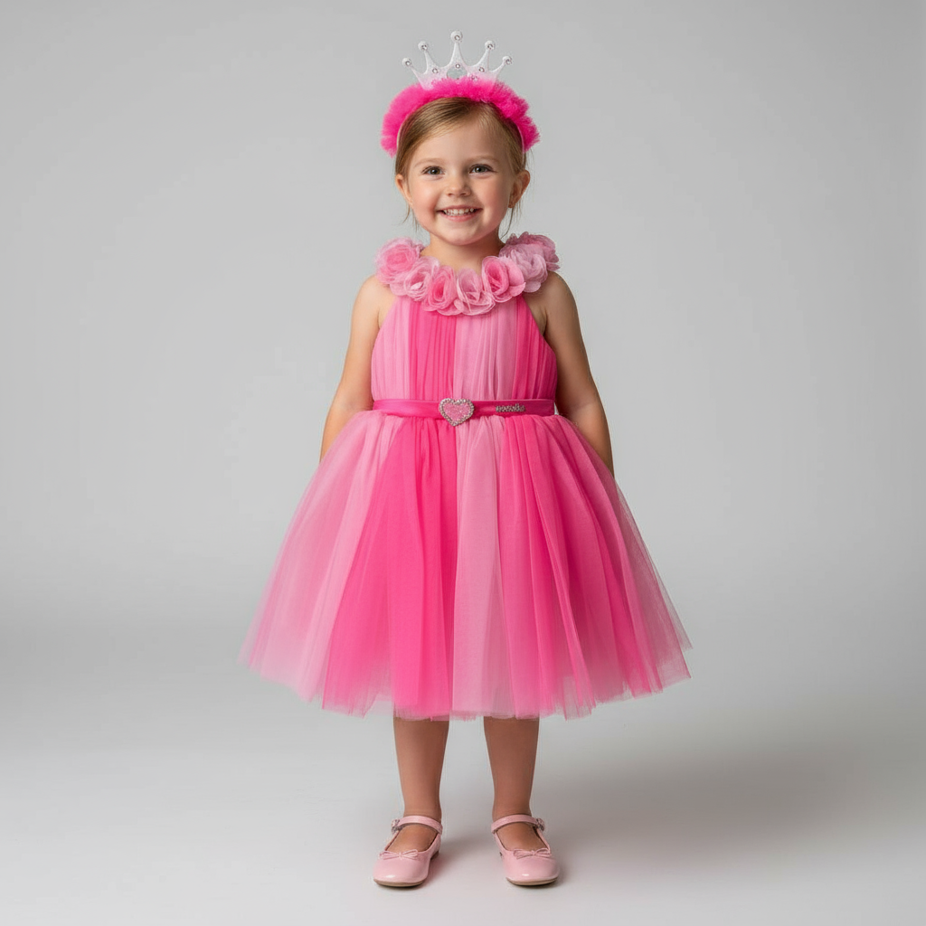 Pink Princess Party Dress Set – Flower Tulle Dress with Heart Belt & Crown Headband