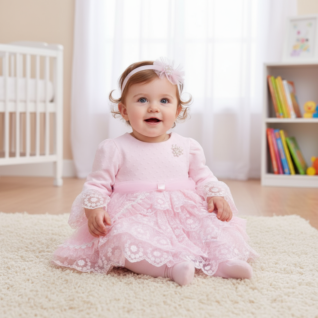 Pink Ruffle Lace Dress with Headband