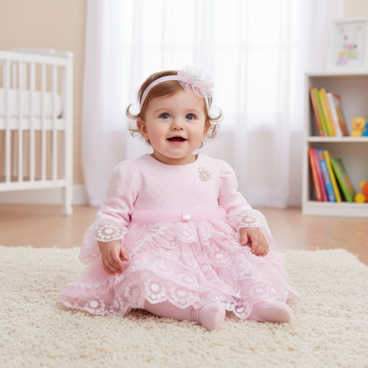 Pink Ruffle Lace Dress with Headband