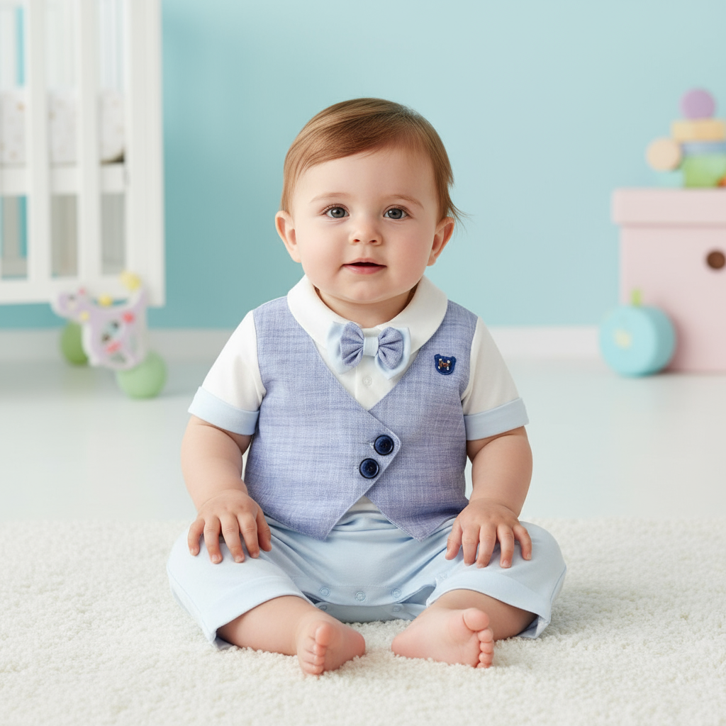 Baby Boys Elegant Navy Romper Short Sleeve