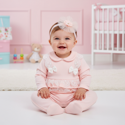 Baby Girl  Lace Romper Set with Matching Headband – Soft Cotton Newborn Outfit