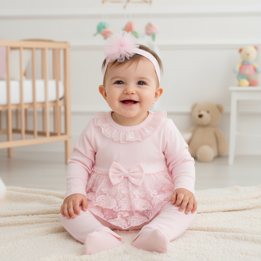Lace Ruffle Baby Outfit Set with Headband