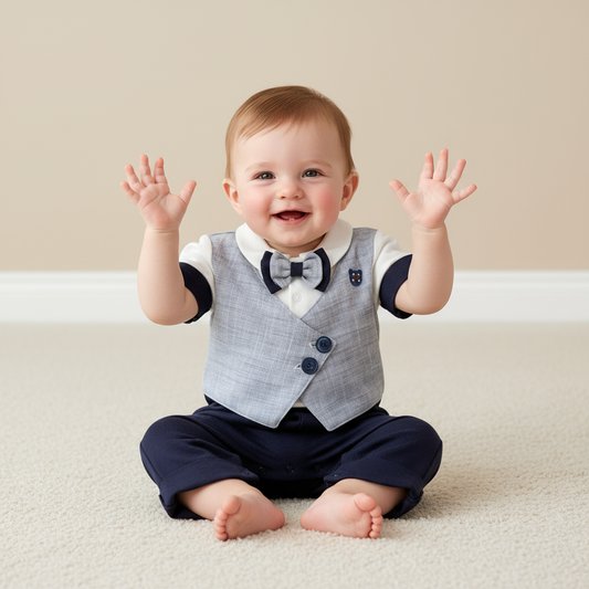 Baby Boys Elegant Navy Romper Short Sleeve