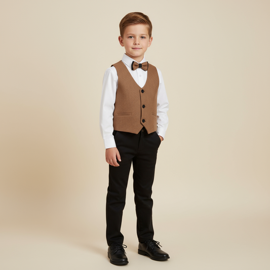 🤎 Boys Brown Vest & Bow Tie 4-Piece Formal Set – 50% OFF 🤎