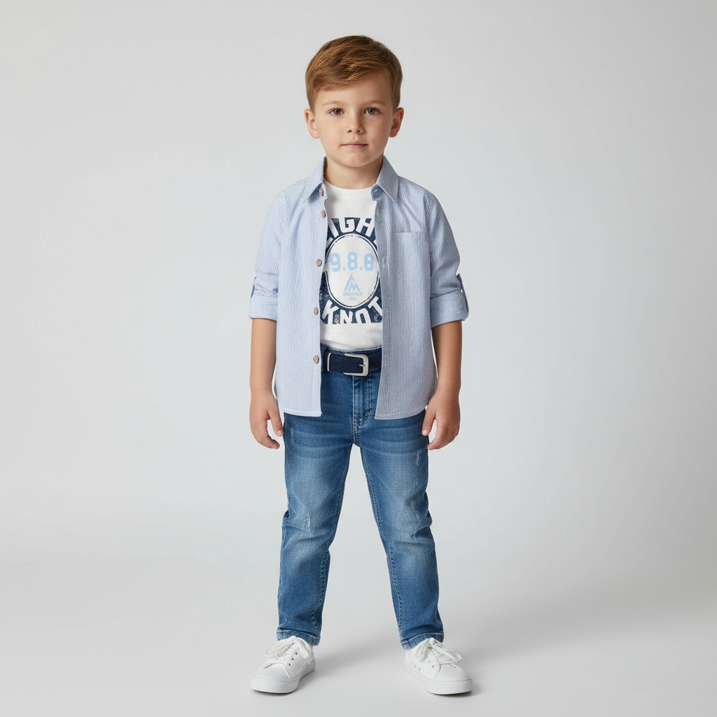 Trendy Boys Outfit Set – Shirt + Tee + Jeans + Belt