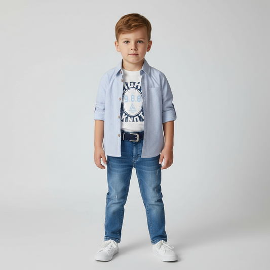 Trendy Boys Outfit Set – Shirt + Tee + Jeans + Belt