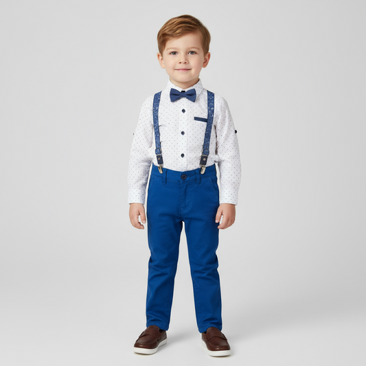 Boys 4-Piece Suspender Outfit – White Dot Shirt, Royal Blue Pants, Matching Bow Tie & Suspenders