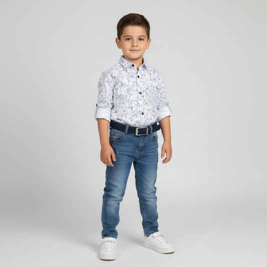 White / Blue Marble Pattern Shirt For Boy