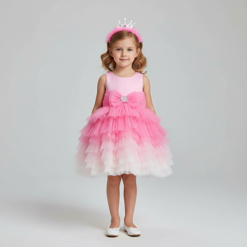 Barbie Pink Ombre Princess Tulle Dress with Bow & Crown Headband