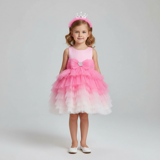 Barbie Pink Ombre Princess Tulle Dress with Bow & Crown Headband