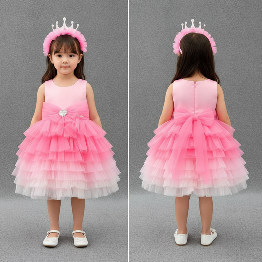 Barbie Pink Ombre Princess Tulle Dress with Bow & Crown Headband