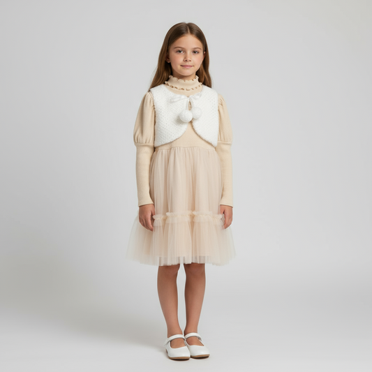 Cream Knit Tulle Dress with Faux Fur Vest – Elegant Winter Outfit for Girls