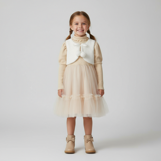 Cream Knit Tulle Dress with Faux Fur Vest – Elegant Winter Outfit for Girls