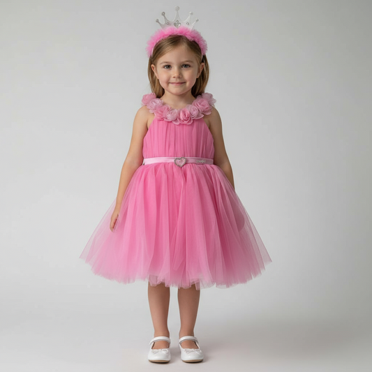 Pink Princess Party Dress Set – Flower Tulle Dress with Heart Belt & Crown Headband