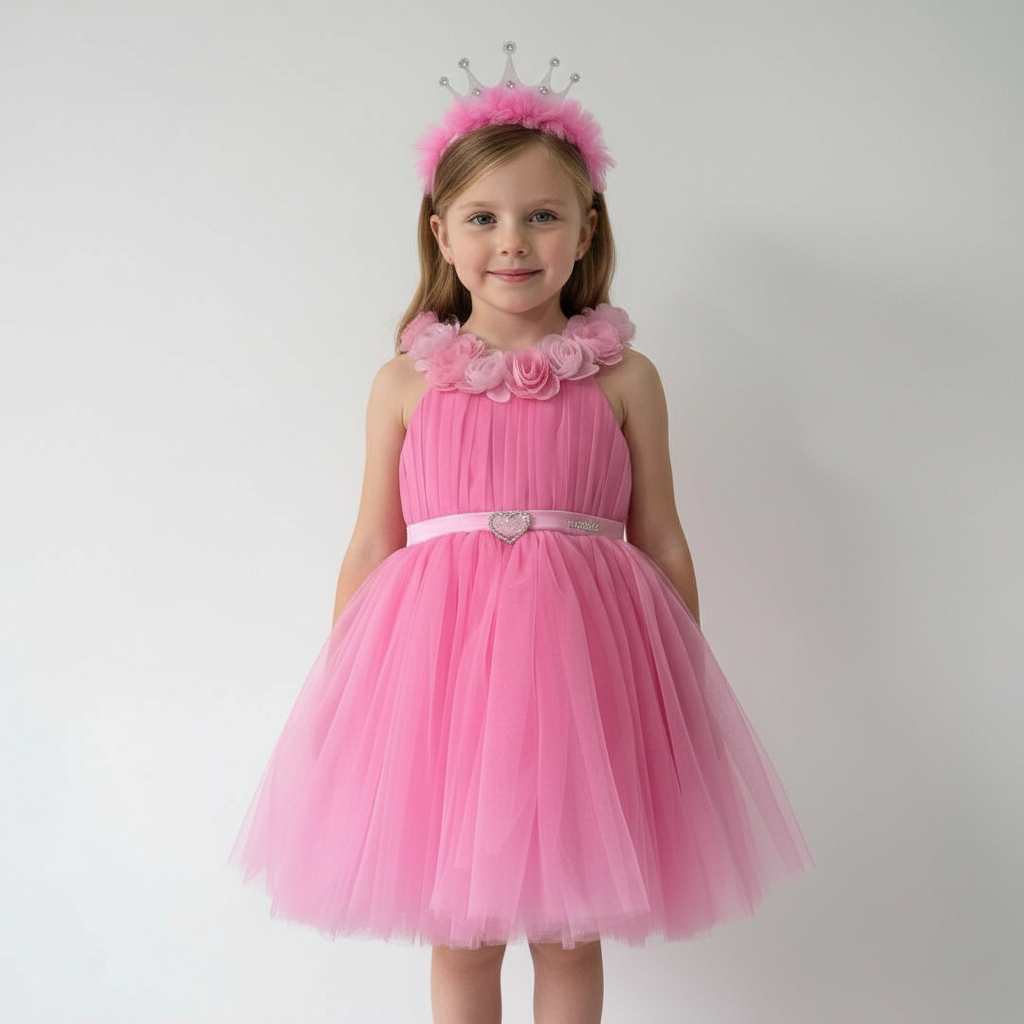 Pink Princess Party Dress Set – Flower Tulle Dress with Heart Belt & Crown Headband