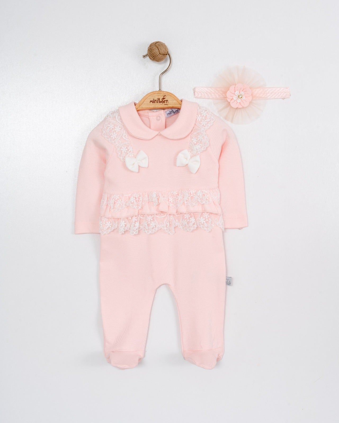 Baby Girl  Lace Romper Set with Matching Headband – Soft Cotton Newborn Outfit