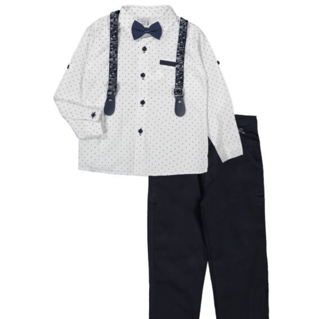 Boys 4-Piece Suspender Outfit – White Dot Shirt, Royal Blue Pants, Matching Bow Tie & Suspenders