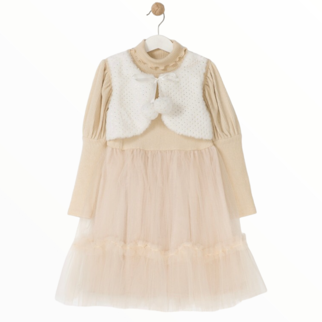 Cream Knit Tulle Dress with Faux Fur Vest – Elegant Winter Outfit for Girls