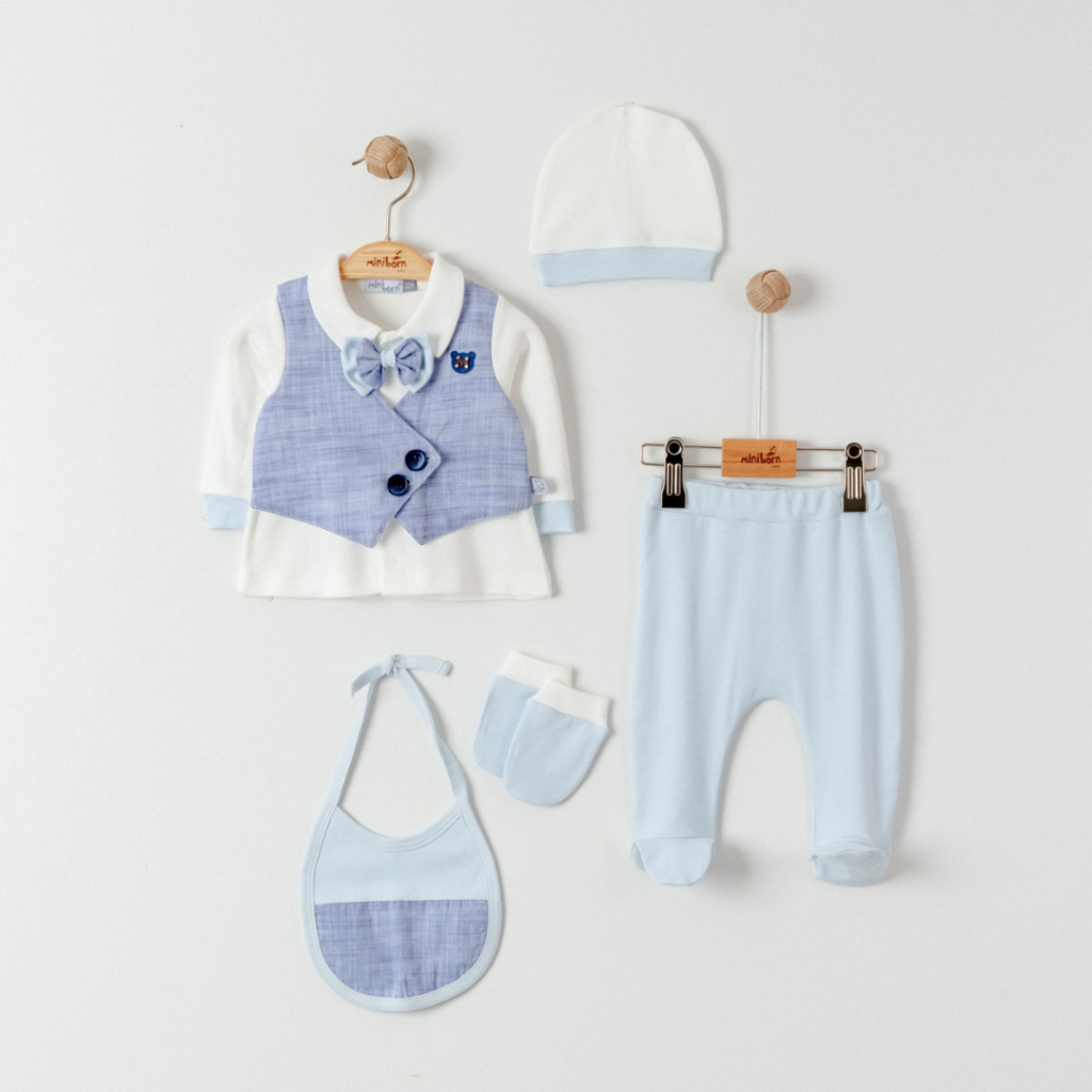 Elegant 5-Piece Baby Outfit with Sewn-On Vest and Bow Tie