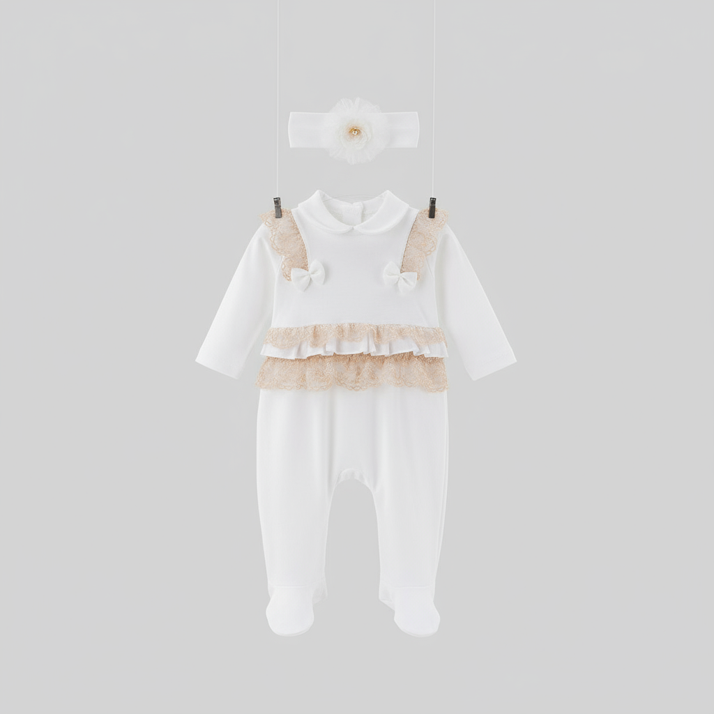 Baby Girl  Lace Romper Set with Matching Headband – Soft Cotton Newborn Outfit