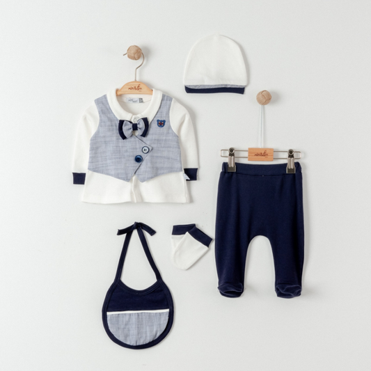Elegant 5-Piece Baby Outfit with Sewn-On Vest and Bow Tie