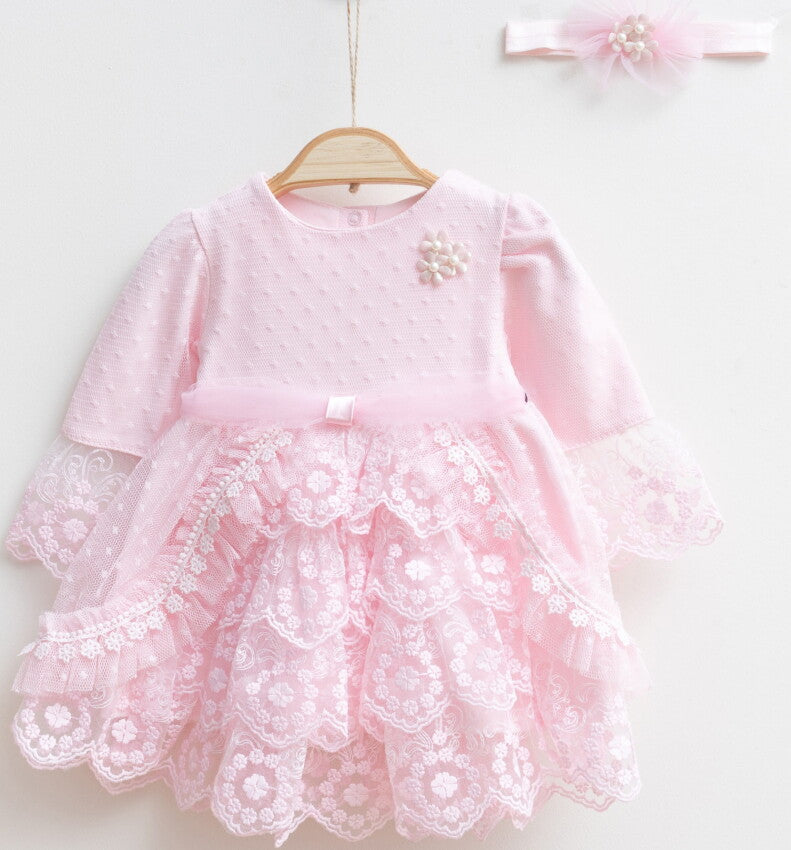 Pink Ruffle Lace Dress with Headband